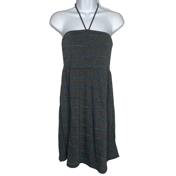 Hurley Halter Dress Sundress Size M Mini Gray Blue Striped Knit Smocked Mesh - Picture 1 of 8
